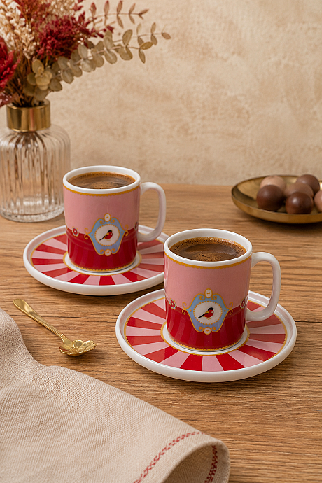 4 Parça 2 Kişilik Kahve Fincan Takımı Pembe Kuşlu 90cc - 