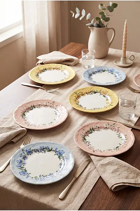Tulu Porselen Bahar Dalı 6 Parça 19 Cm Çiçekli Porselen Pasta Tabağı - 1