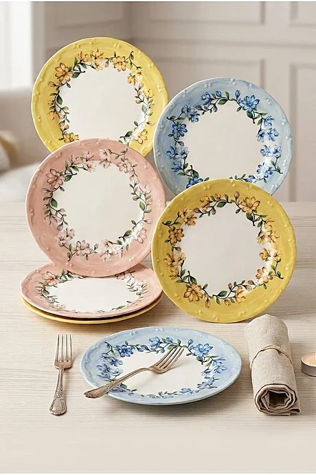 Tulu Porselen Bahar Dalı 6 Parça 19 Cm Çiçekli Porselen Pasta Tabağı - 2