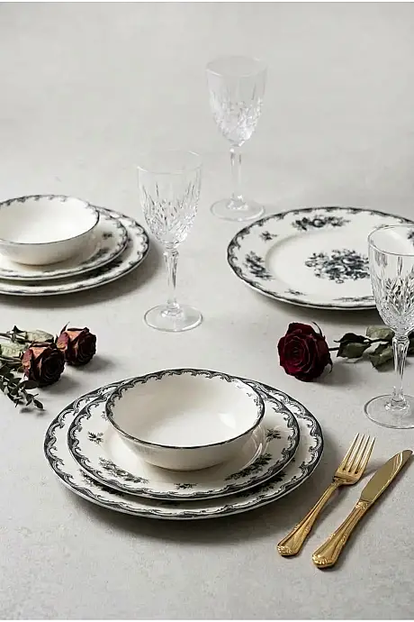 Tulu Porselen Black Rose 24 Parça 6 Kişilik Yemek Takımı - 1