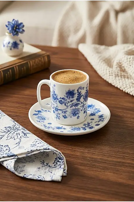 Tulu Porselen Blue Blanc Botanic 12 Parça 6 Kişilik Kahve Fincan Seti (90Cc) - 1
