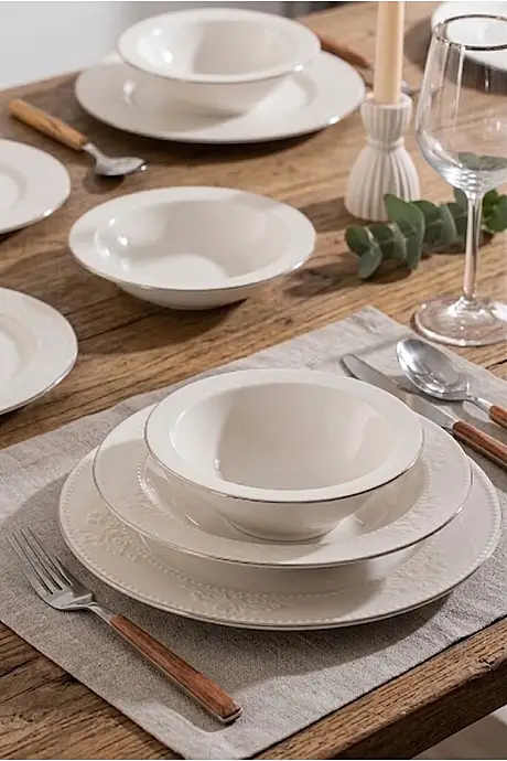 Tulu Porselen Burçak 24 Parça Yemek Takımı - Krem / Platin - 1