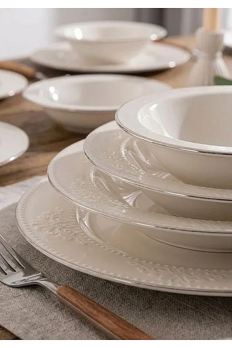 Tulu Porselen Burçak 24 Parça Yemek Takımı - Krem / Platin - 2