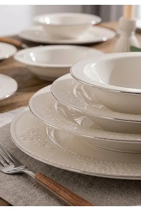 Tulu Porselen Burçak 24 Parça Yemek Takımı - Krem / Platin - 2