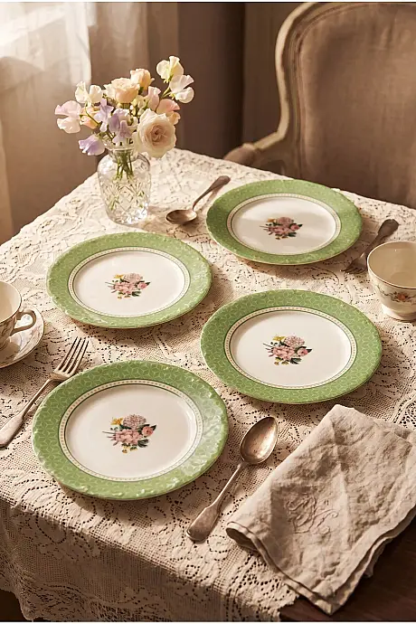 Tulu Porselen Green Bouquet 4 Parça 19 Cm Vintage Çiçekli Porselen Pasta Tabağı - 1