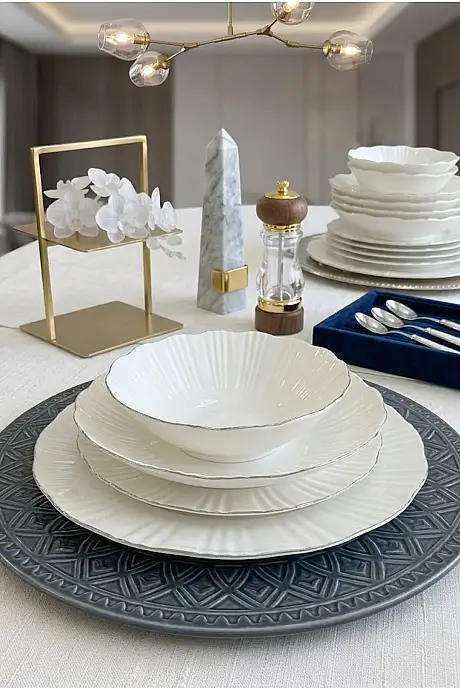 Tulu Porselen İnci 24 Parça 6 Kişilik Yemek Takımı Platin - 1