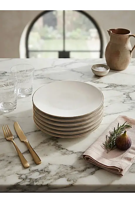 Tulu Porselen Kar 6 Parça 25 Cm Düz Porselen Pasta Tabağı Altın File - 1