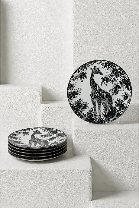 Tulu Porselen Safari 6 Parça 19 Cm Zürafa Desenli Porselen Pasta Tabağı - 3
